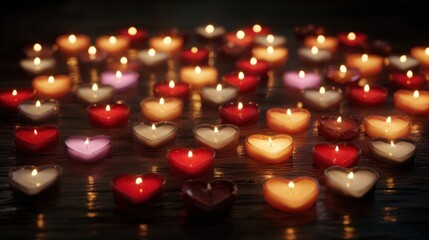 An artistic display of heart-shaped candles arranged on a table, casting a warm glow in a dimly lit room, 8k, realistic, full ultra HD, high resolution, cinematic photography