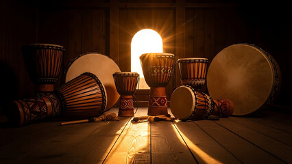 Drums arranged on wooden floor with warm sunlight shining through archway behind them - Ai Generated