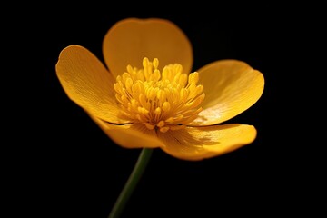 Radiant close up of meadow buttercup flower isolated on black background