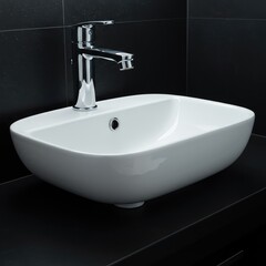 Fototapeta premium Detailed view of a white ceramic bathroom basin fixture securely mounted on a polished countertop, highlighting the clean plumbing installation ,surface ,functional ,water