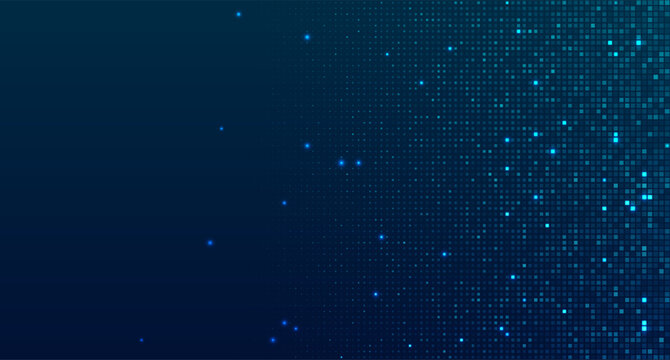 Blue glowing pixel dot background with abstract neon grid pattern. Modern digital wallpaper for technology, business data, science and medical presentations
