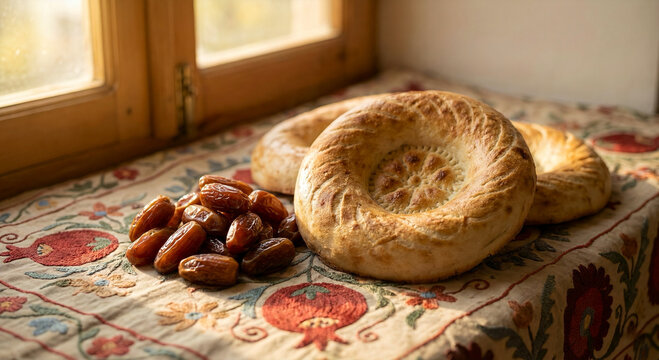 Traditional Central Asian flatbread and dates on a hand-embroidered suzani tablecloth near a window in warm morning sunlight