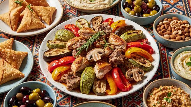 Traditional Middle Eastern Cuisine on Colorful Rug.