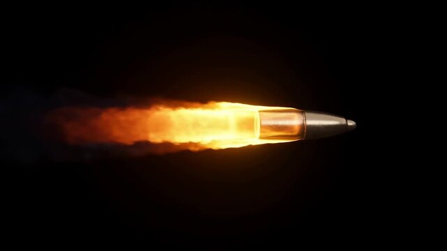 Highspeed bullet flight with fiery trail in darkness