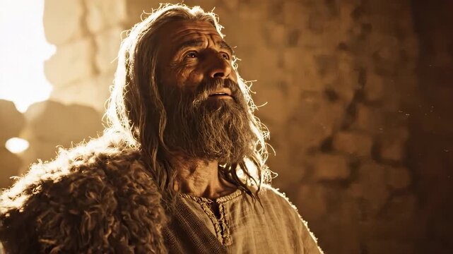 Portrait of an ancient biblical man with a grey beard looking up in prayer. Elderly historical figure breathing deeply in a dusty stone cave with dramatic backlighting. Religious concept