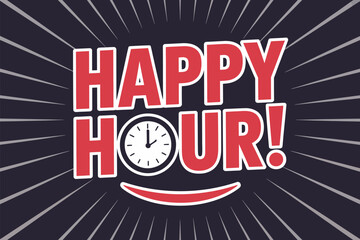 Happy Hour Promotion with Clock and Smiling Face Graphic Design