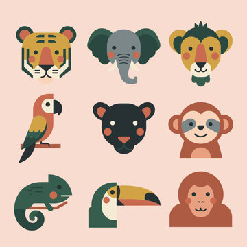Colorful set of flat vector jungle animal head icons including tiger, elephant, monkey, parrot, and chameleon isolated on a peach background
