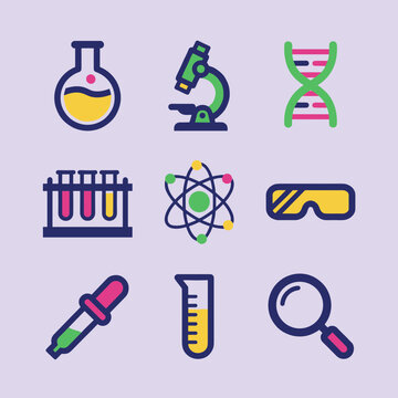Science laboratory equipment icons in flat vector style including microscope, dna, atom, test tubes, and beaker on a light purple background