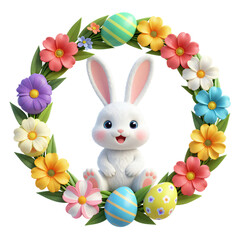 Easter Bunny with Colorful Eggs and Flowers in a Circular Wreath