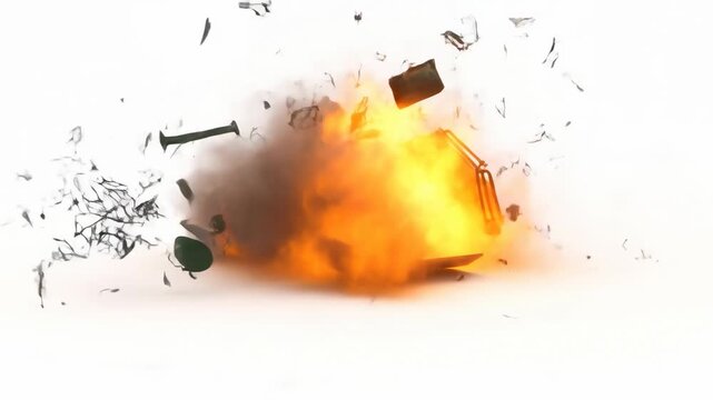Explosion sequence featuring a rolling grenade and fiery blast against a white background