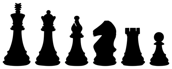 Black chess pieces set. Figures silhouette row. King, queen, knight, rook, pawn shapes. Chessman icons. Logic, strategy board game concept. © Darina