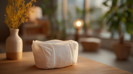 An informative brochure about adult diapers displayed next to a sample product, detailing key benefits like odor control and comfort, creating a clear understanding of why choosing the right adult