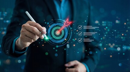 Businessman drawing a glowing target and checklist on virtual interface