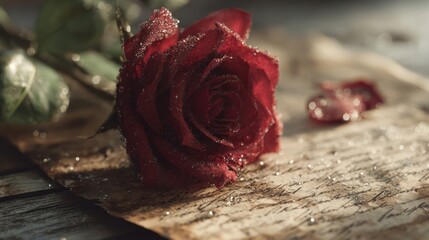 A single, perfect red rose with dewdrops on its petals, resting on a weathered love letter, soft morning light, 8k, realistic, full ultra HD, high resolution, cinematic photography