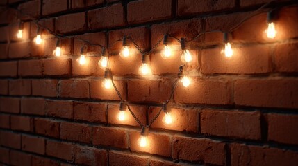 A string of Edison bulb lights forming a heart shape on a brick wall, warm glow, urban romantic setting, 8k, realistic, full ultra HD, high resolution, cinematic photography