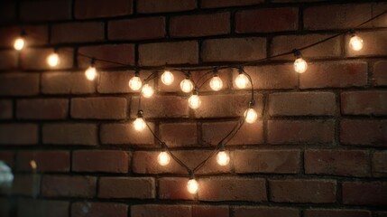 A string of Edison bulb lights forming a heart shape on a brick wall, warm glow, urban romantic setting, 8k, realistic, full ultra HD, high resolution, cinematic photography