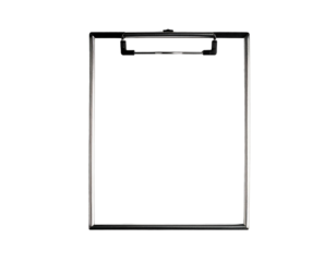 A digital metallic clipboard against a stark black background