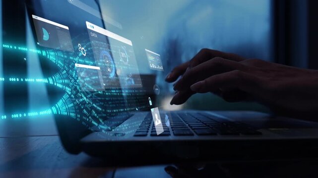 woman analyst uses a computer AI artificial intelligence and dashboard for data business analysis and Data Management System with KPI and metrics connected to the database for technology finance,	