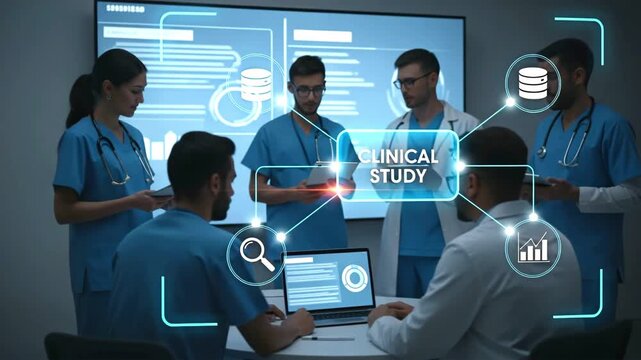 Medical team of doctors and nurses collaborating on clinical study concept.