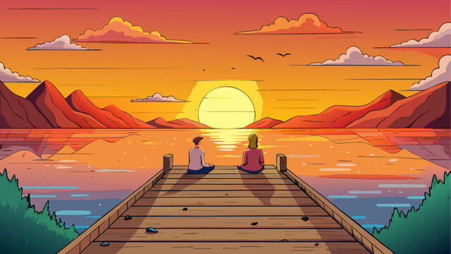 Serene sunset by the lake with couple on pier