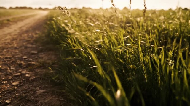 Country Road's Gentle Embrace: A scenic rural landscape where a dirt track meanders invitingly, bordered by lush, sun-kissed vegetation under a serene sky.