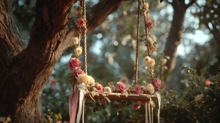 A swing decorated with flowers and ribbons hanging from an old tree, garden setting, soft afternoon light filtering through leaves, 8k, realistic, full ultra HD, high resolution, cinematic photography
