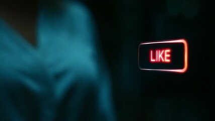 A close-up view of a hand about to press a glowing 'LIKE' button, emphasizing digital interaction and engagement in a modern, technology-driven world where likes symbolize approval and connectivity.