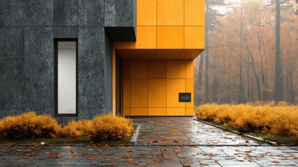 Contemporary minimalist architecture featuring bold orange and textured grey panels in a misty autumn forest