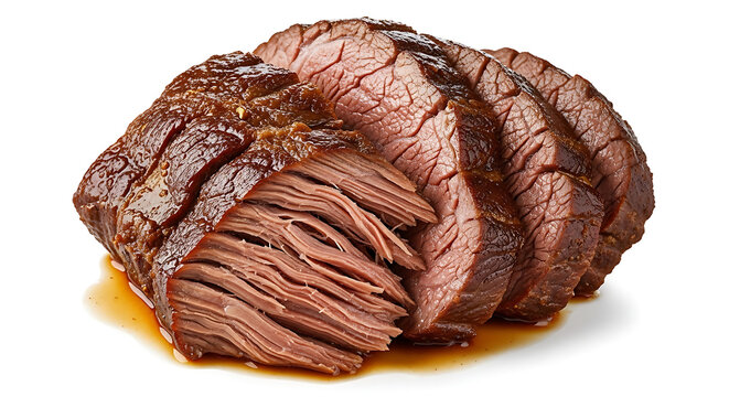 Brazilian slow-roasted cupim beef, extremely tender and juicy texture, traditional churrasco style, isolated on white background.