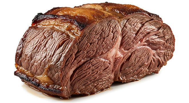 Brazilian slow-roasted cupim beef, extremely tender and juicy texture, traditional churrasco style, isolated on white background.