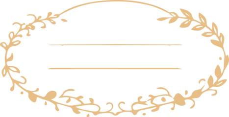 A delicate gold-toned oval floral frame with leafy ornamental branches and blank lines in the center, set against