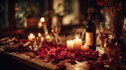 A table covered with scattered rose petals, lit candles, wine bottle and glasses, romantic dinner preparation, moody lighting, 8k, realistic, full ultra HD, high resolution, cinematic photography