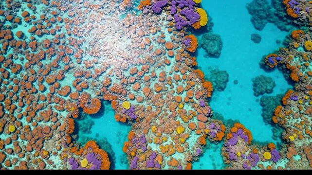 Vibrant coral reef in clear turquoise water from an aerial perspective