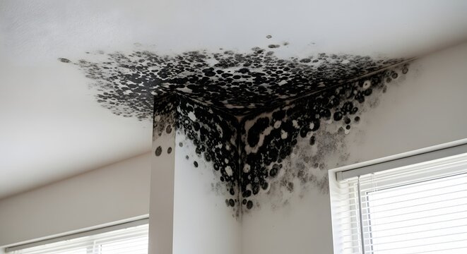 Severe black mold growth in the corner of a white ceiling and wall interior