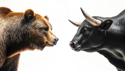 Bear and bull facing each other representing market trends with dramatic expressions in a high-contrast studio setting