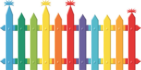 Obraz premium Vector Illustration of a Colorful Rainbow Wooden Picket Fence with Decorative Toppers and Multicolored Posts Isolated on White Background for Kindergarten School and Garden.
