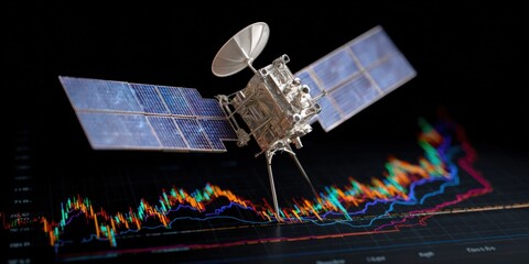 An detailed image showcases a satellite with solar panels set against a background of data analysis. ..Created with Generative AI, not depicting real subjects.
