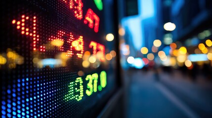 Illuminating the intricacies of global finance, a close-up shot captures a digital stock ticker displaying dynamic market data. ..Created with Generative AI, not depicting real subjects.