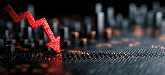 A red arrow symbolizing a downward trend plunges into an intricate, abstract cityscape. ..Created with Generative AI, not depicting real subjects.