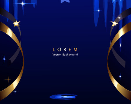elegant dark blue background with gold ribbons stars and lorem ipsum text