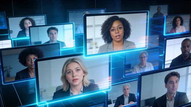 Digital network grid displaying diverse business professionals during online conference. Glowing blue lines connecting multiple screens in dark high-tech space. Panning shot.
