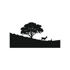 Silhouette of wildlife with tree, A captivating silhouette of a deer and a rabbit standing beneath a tree on a gentle hill, inviting the viewer into a realm of natural wonder and serenity, Nature
