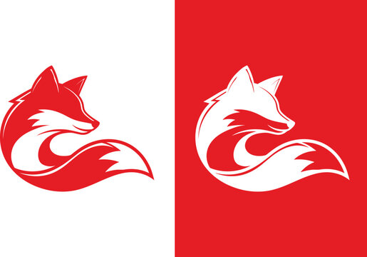 Red stylized fox with swirling tail on white and red backgrounds logo