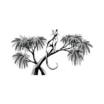 Elegant Cat on Branch, A sleek feline perches gracefully amidst the branches of a stylized tree, its gaze keen, conveying a sense of poise and serenity, billi, cat on a tree, minimal vector