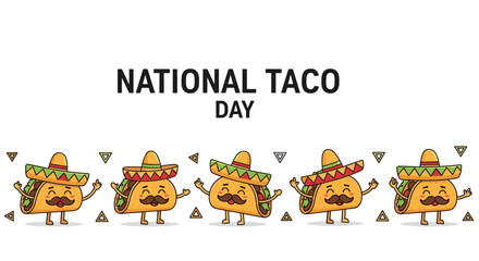 Fototapeta premium Group of five joyful cartoon taco characters wearing sombreros to celebrate national taco day on white background.