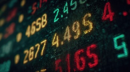 A dynamic close-up image of a digital display, showcasing vibrant data and number fluctuations, reflecting the complex. ..Created with Generative AI, not depicting real subjects.