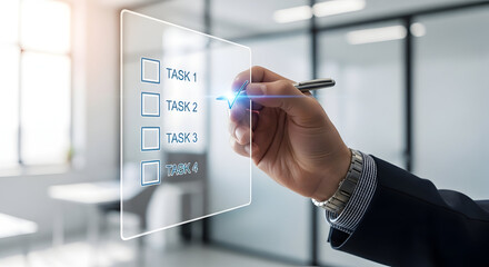 Businessman interacting with futuristic transparent digital screen in modern office