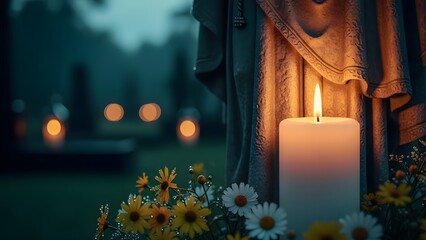 Saint brigid's day celebration with lit candle and flowers on a winter's evening