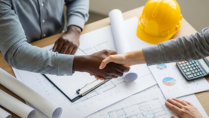 Confident handshake between architect and client over blueprints in office, construction agreement and project approval