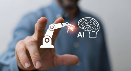 Man interacting with robotic arm and ai brain icon